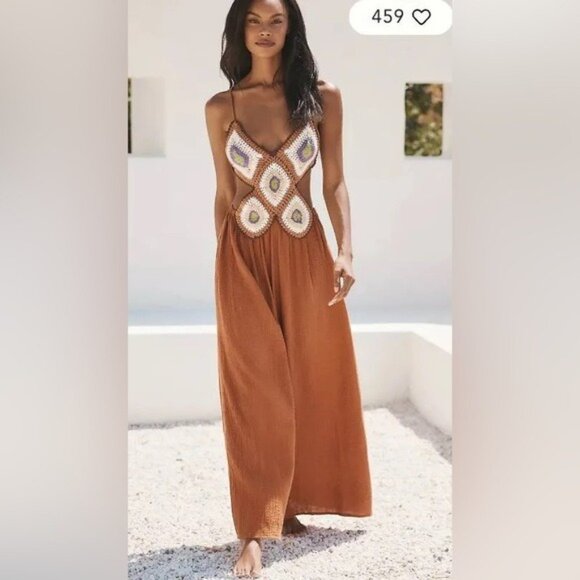 NEW By Anthropologie Boho Crochet Twofer Jumpsuit Rust Cream backless - Picture 7 of 14